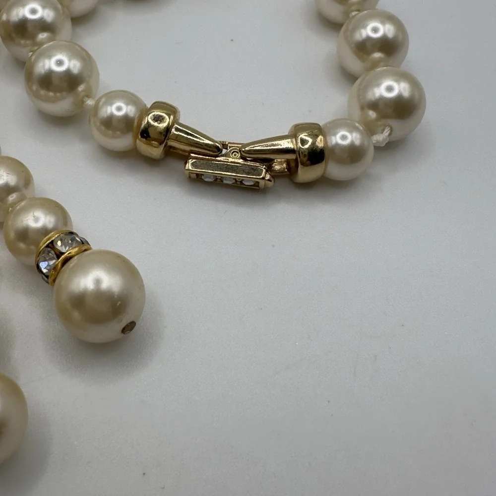 Vintage Faux Glass Pearl Necklace with Rhinestone Y Drop Tassels 16